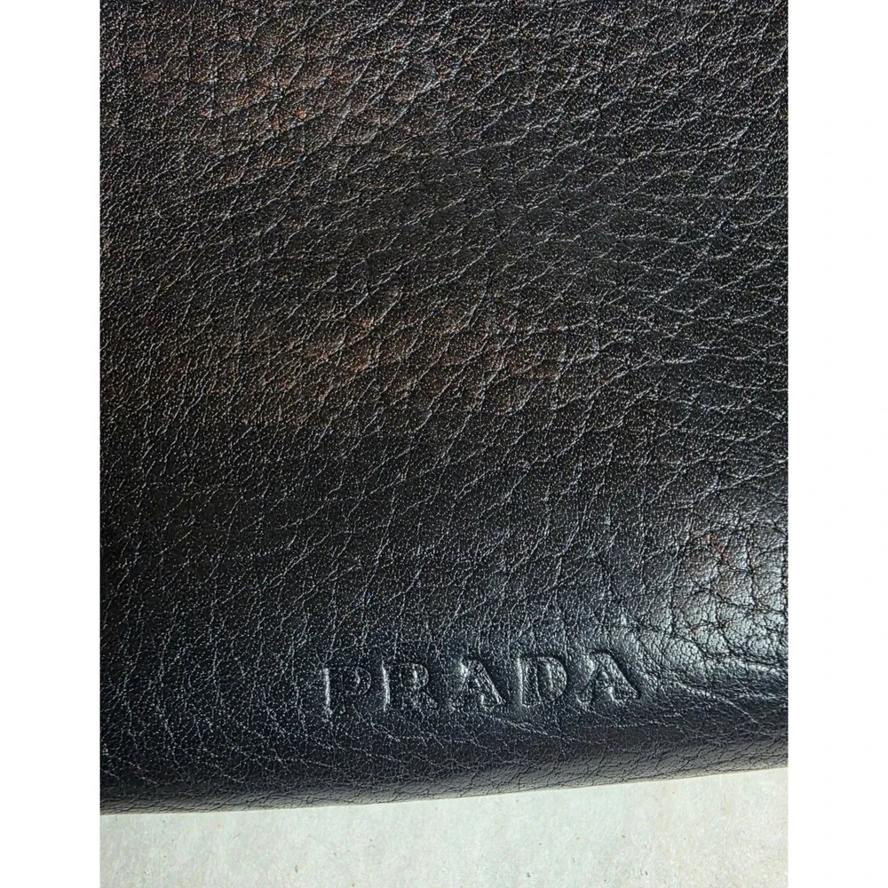 Authentic Black Pebbled Leather Trifold Wallet Buckle Ring Detail Made in Italy